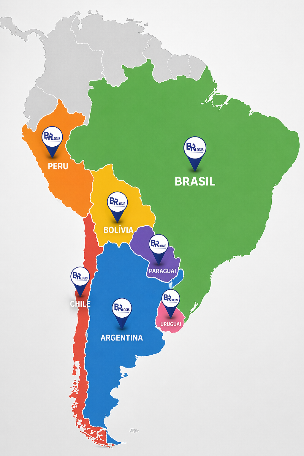 Mapa da América do Sul com países atendidos pela BR Logis